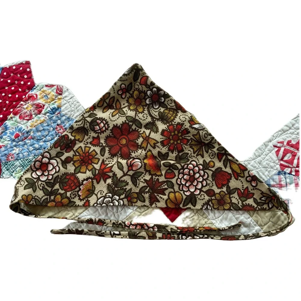 Vintage 70s Floral Western Kerchief Headscarf Brown Rust Cottagecore Tie Back